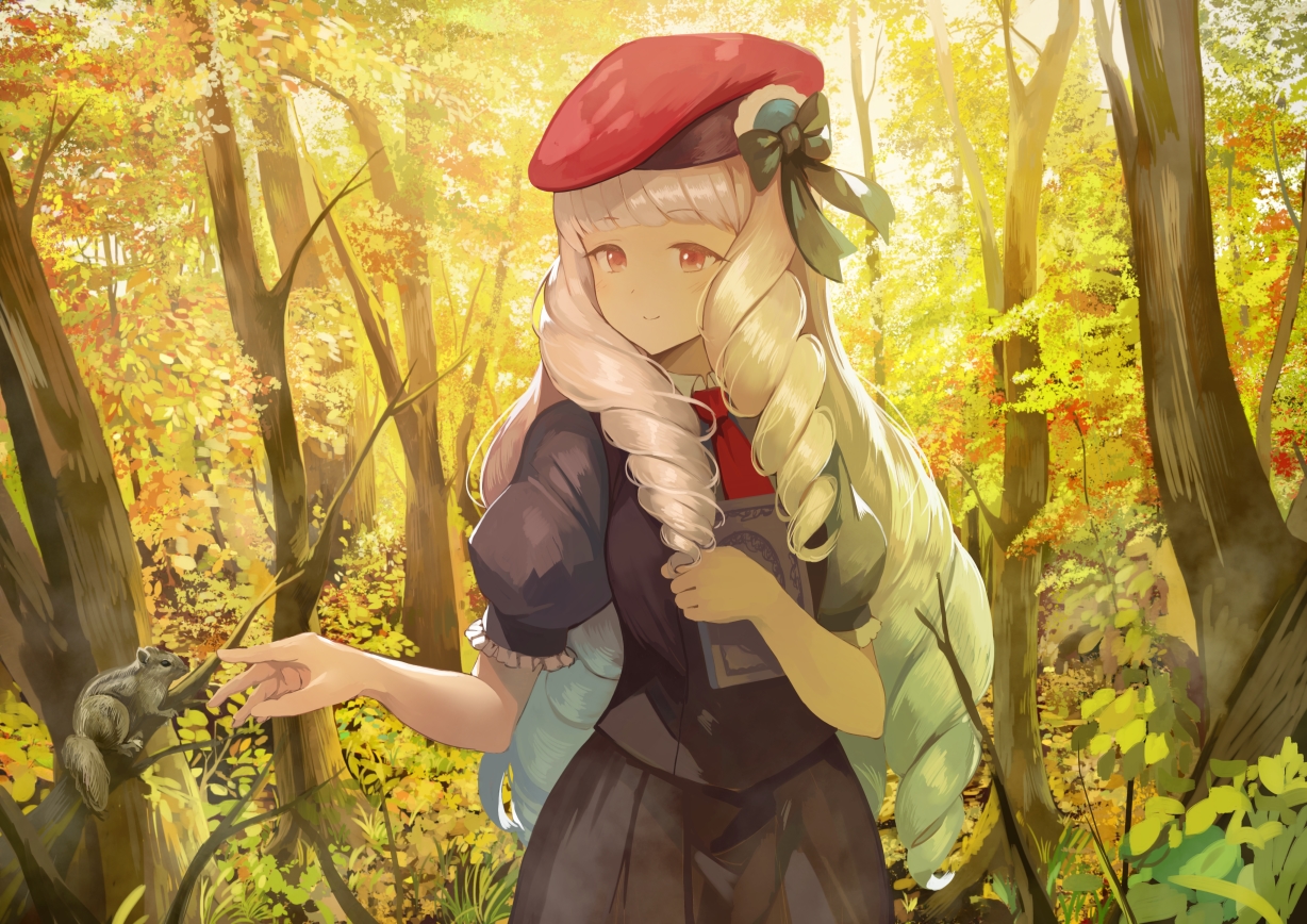 aikatsu!, animal, book, bow, forest, gray_hair, hat, koruse, long_hair, shirogane_lily, tree