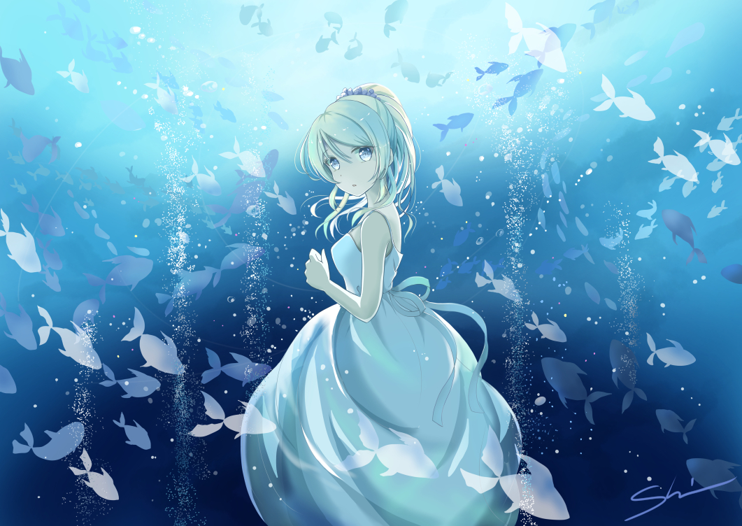animal, ayase_eri, blonde_hair, dress, fish, long_hair, love_live!_school_idol_project, ponytail, shino_(shinderera), signed, underwater, water