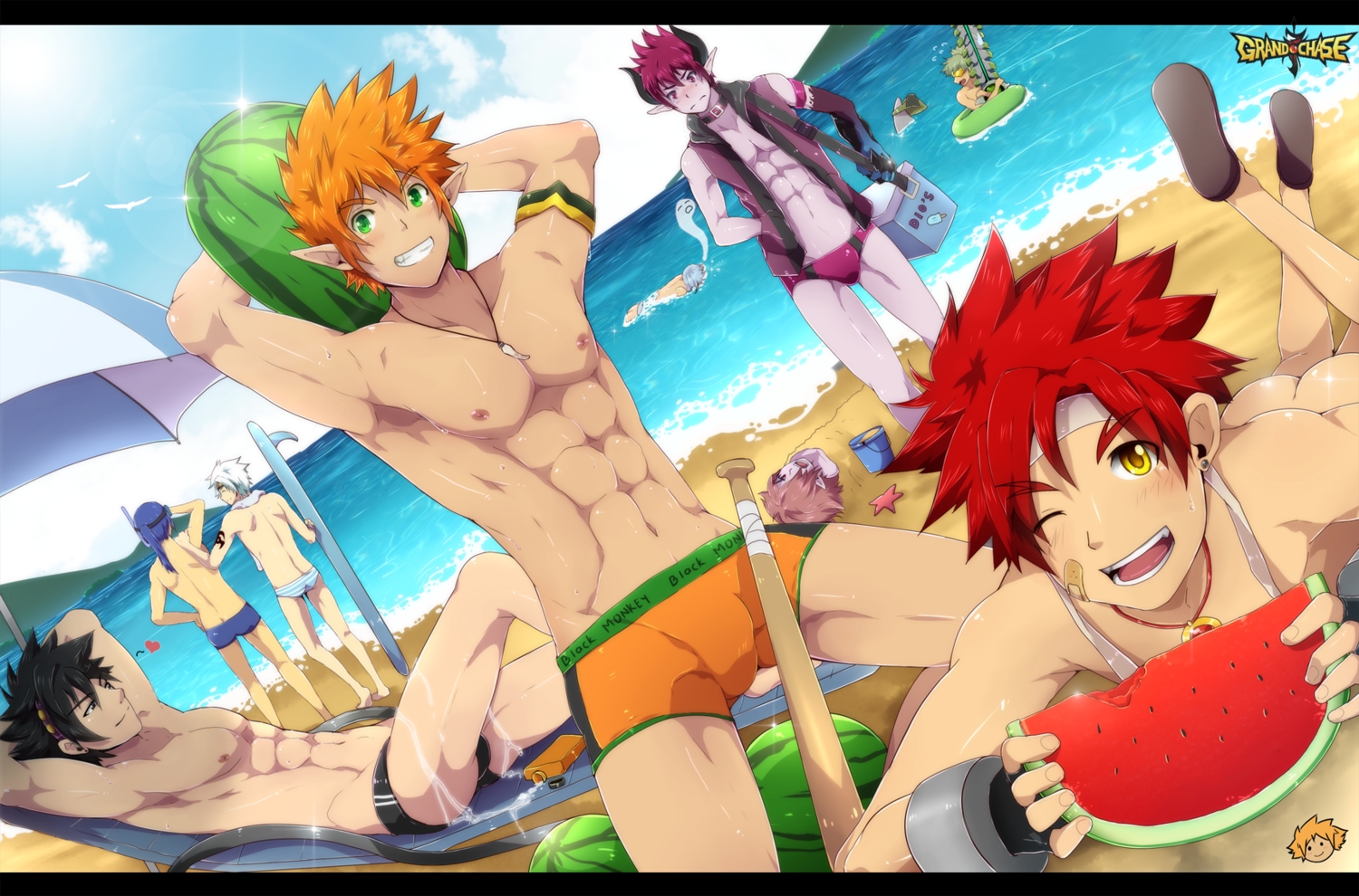 all_male, asin_tairin, ass, bandaid, baseball_bat, beach, black_hair, blue_hair