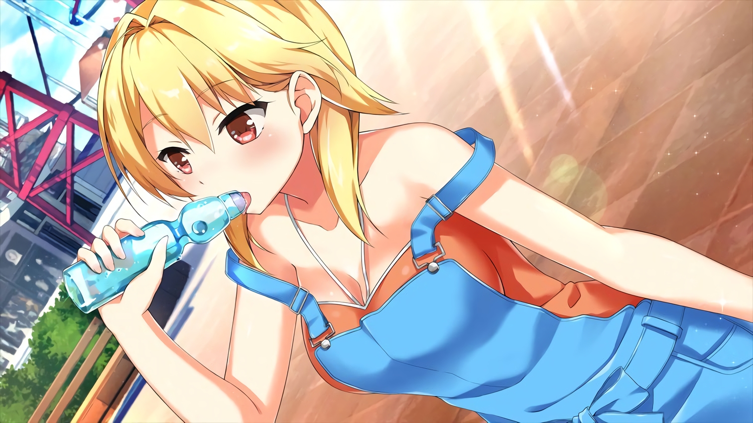 blonde_hair, breasts, cleavage, drink, game_cg, hanao_akari, moe!_ninja_girls, red_eyes, short_hair, tagme_(artist), waifu2x