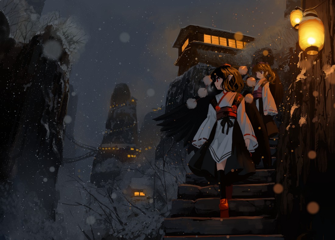 2girls, brown_hair, himekaidou_hatate, jpeg_artifacts, night, shameimaru_aya, short_hair, snow
