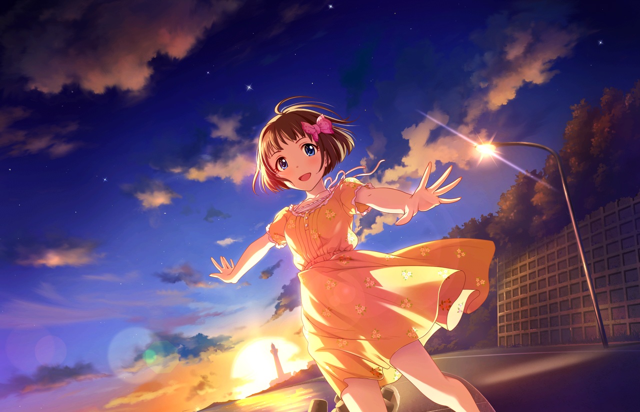 annin_doufu, blue_eyes, brown_hair, clouds, dress, idolmaster, idolmaster_cinderella_girls, idolmaster_cinderella_girls_starlight_stage