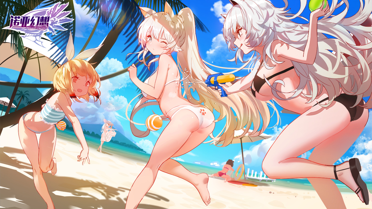 animal_ears, ass, barefoot, beach, bikini, blonde_hair, breasts, gray_eyes, gray_hair, group, jpeg_artifacts, kinven, logo, loli, long_hair, noah_fantasy, orange_eyes, ponytail, short_hair, swimsuit, umbrella, wink