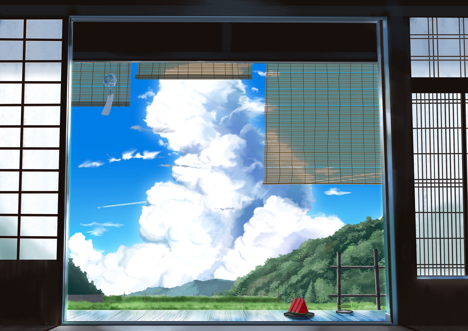 aircraft, clouds, food, fruit, grass, hankachi_(okayama012), no_humans, original