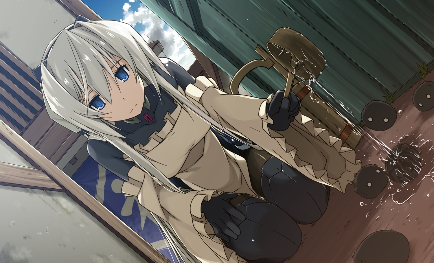 apron, blue_eyes, bodysuit, gray_hair, horizon_ariadust, kyoukai_senjou_no_horizon, shikei, water
