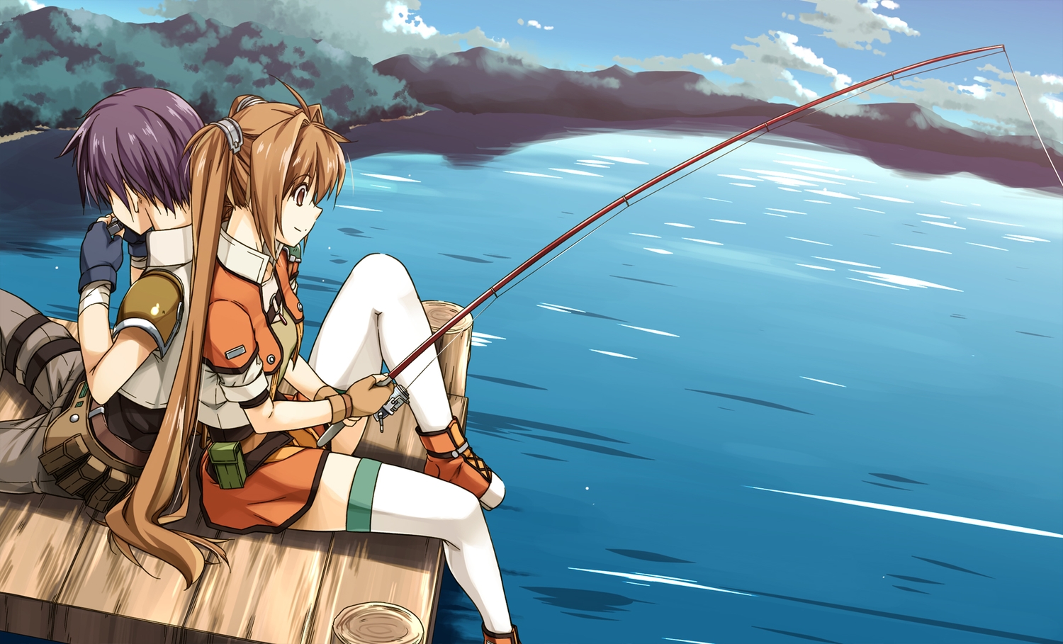 black_hair, brown_eyes, brown_hair, estelle_bright, gloves, joshua_bright, long_hair, male, shikei, short_hair, sora_no_kiseki, thighhighs, twintails, water