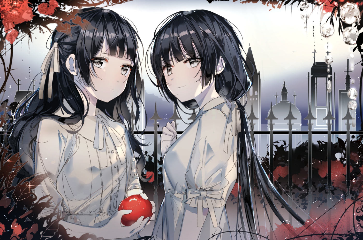 2girls, apple, black_hair, dress, food, fruit, long_hair, naru_(ul)
