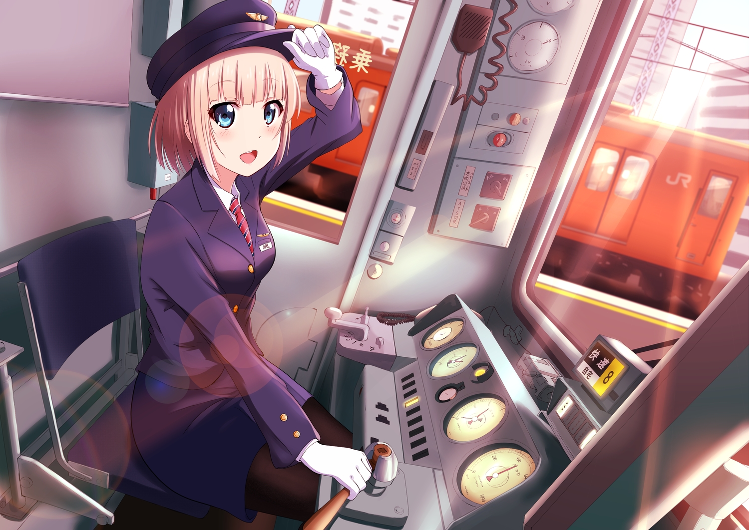 aqua_eyes, blonde_hair, blush, gloves, hat, original, shiokazunoko, short_hair