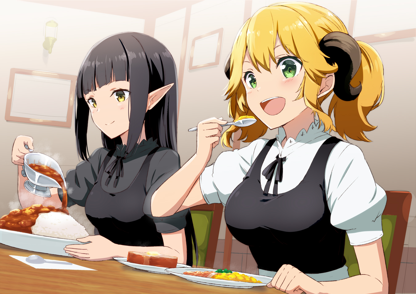 2girls, aletta, black_hair, blonde_hair, food, gotyou, green_eyes, horns, isekai_shokudou, kuro_(isekai_shokudou), long_hair, pointed_ears, short_hair, twintails, yellow_eyes