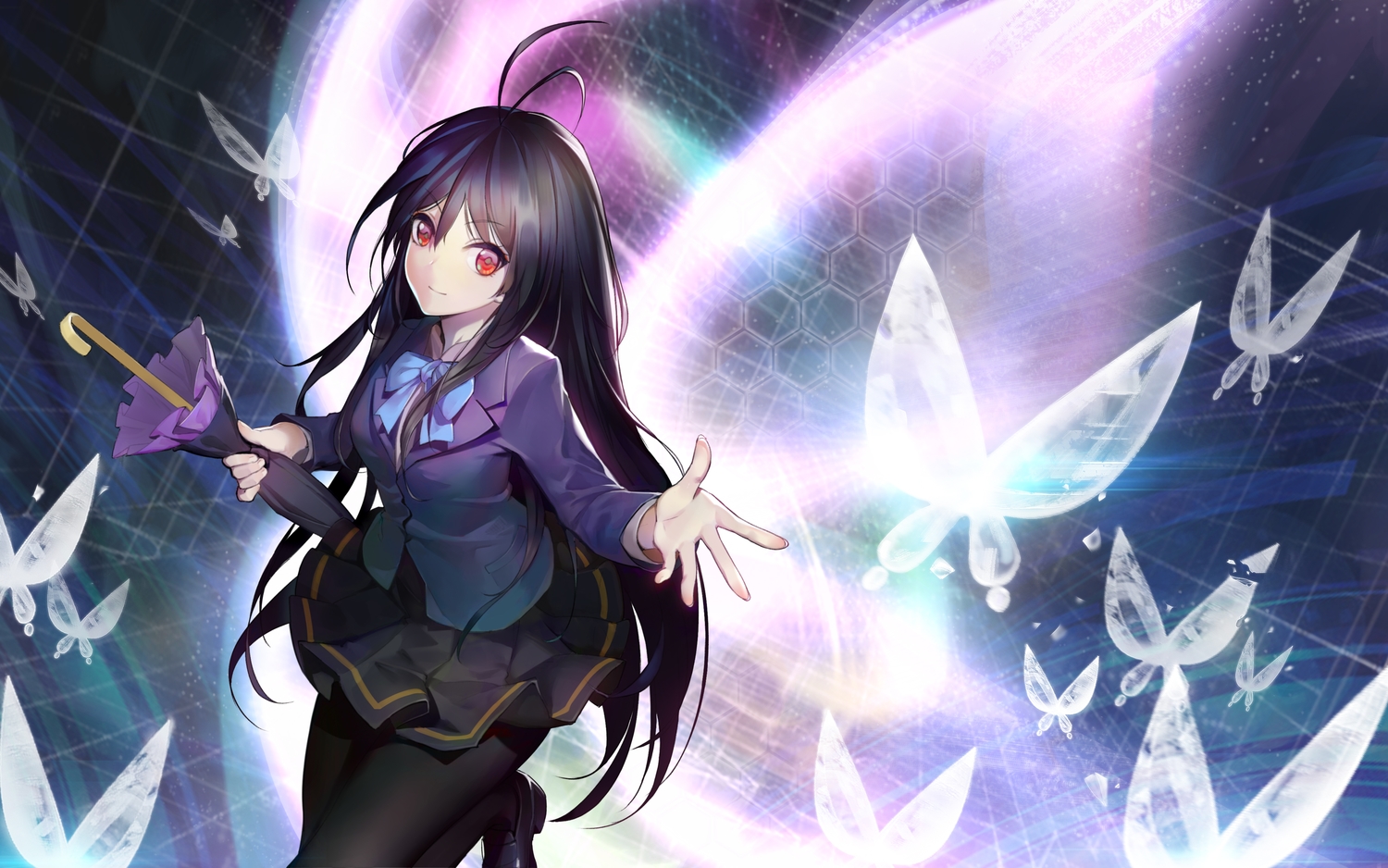 accel_world, bow, butterfly, kuro_yuki_hime, long_hair, oop, pantyhose, school_uniform