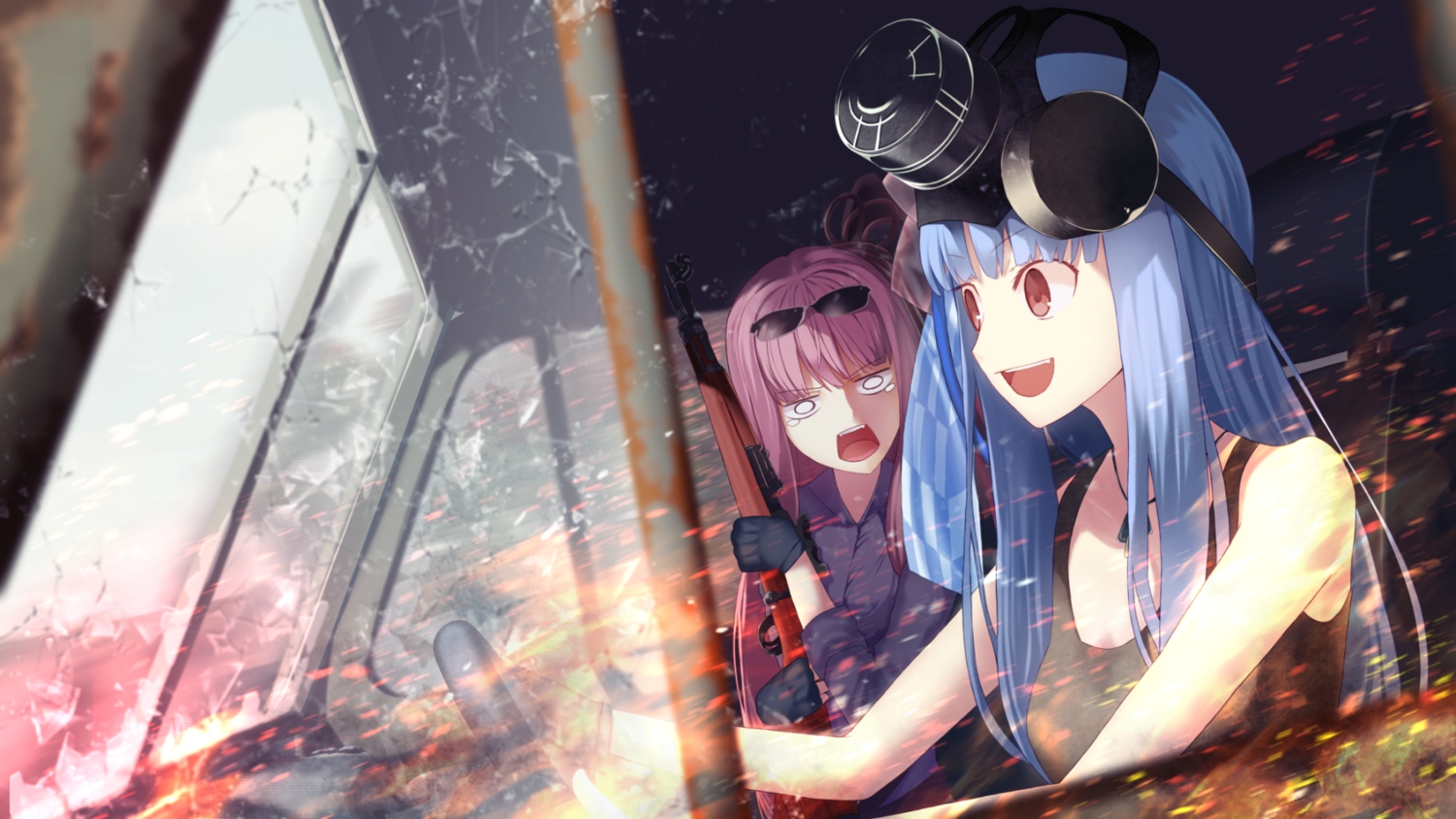 2girls, blue_hair, car, glasses, gloves, gun, kotonoha_akane, kotonoha_aoi
