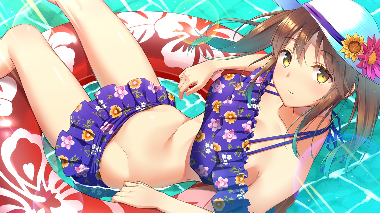 brown_hair, flowers, hat, idolmaster, idolmaster_cinderella_girls, short_hair, skirt, swim_ring, totoki_airi, twintails, umihotaru_harumare, water, yellow_eyes