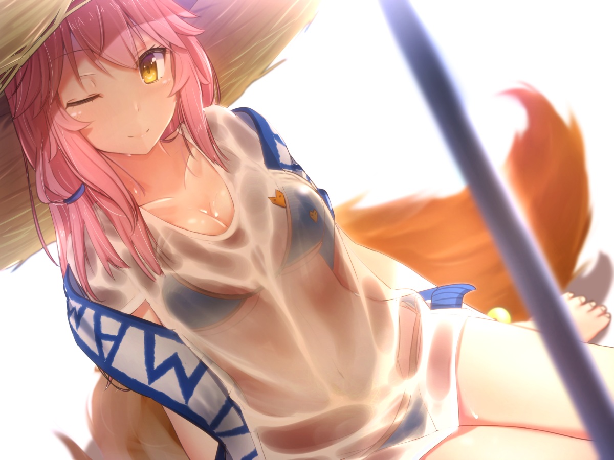 bikini, blush, breasts, cuon_(kuon), fate/grand_order, fate_(series), foxgirl, hat