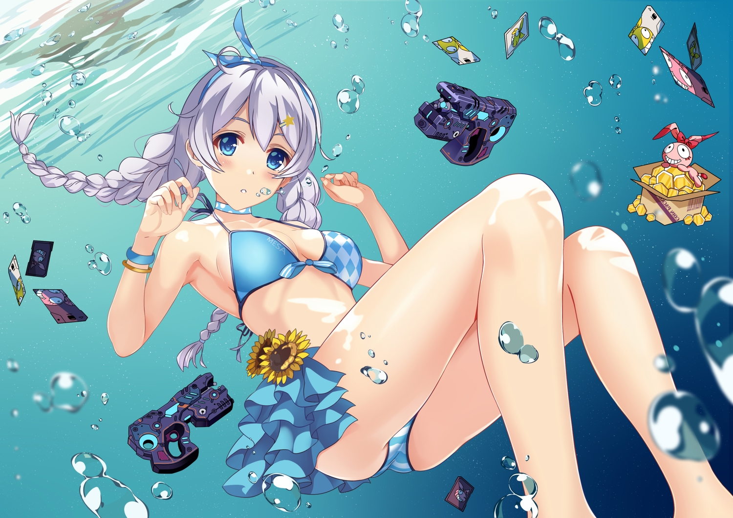 anthropomorphism, bikini, blue_eyes, blush, braids, breasts, bubbles, flowers, girls_frontline, gray_hair, gun, kanzaki_nice, long_hair, ots-12_(girls_frontline), swimsuit, twintails, underwater, water, weapon