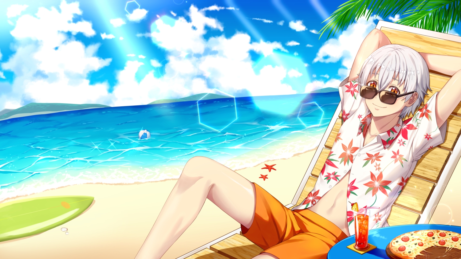 all_male, ball, beach, clouds, drink, food, glasses, gray_hair