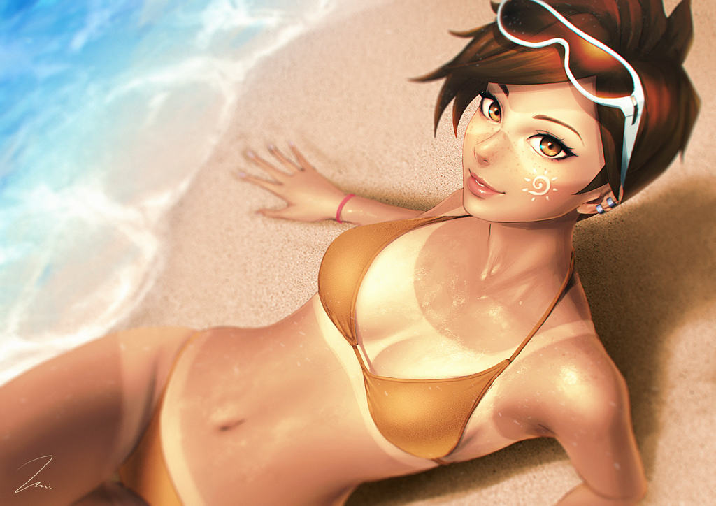 bikini, breasts, brown_eyes, brown_hair, navel, overwatch, realistic, short_hair, signed, sunglasses, swimsuit, tan_lines, tracer, umigraphics, water