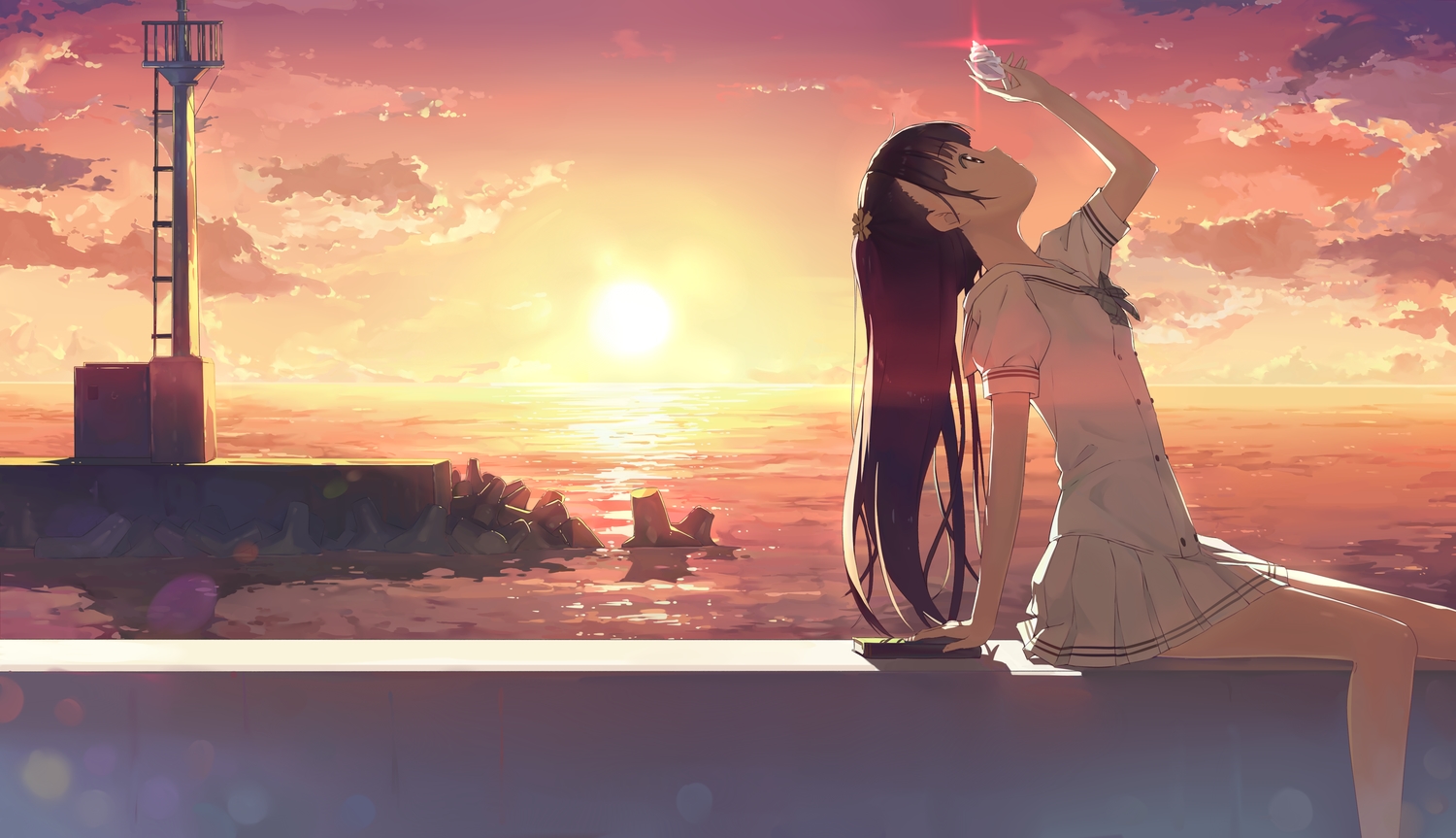 5_nenme_no_houkago, black_hair, clouds, kantoku, landscape, long_hair, nagisa_(kantoku), original