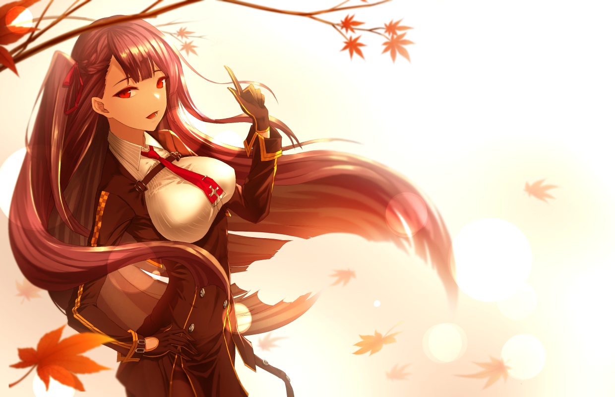 anthropomorphism, autumn, braids, breasts, girls_frontline, gloves, leaves, limeblock