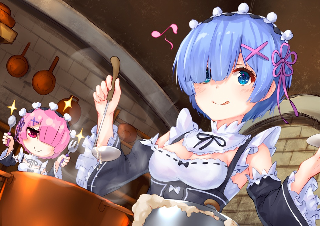 2girls, blue_eyes, blue_hair, blush, bow, breasts, headdress, maid
