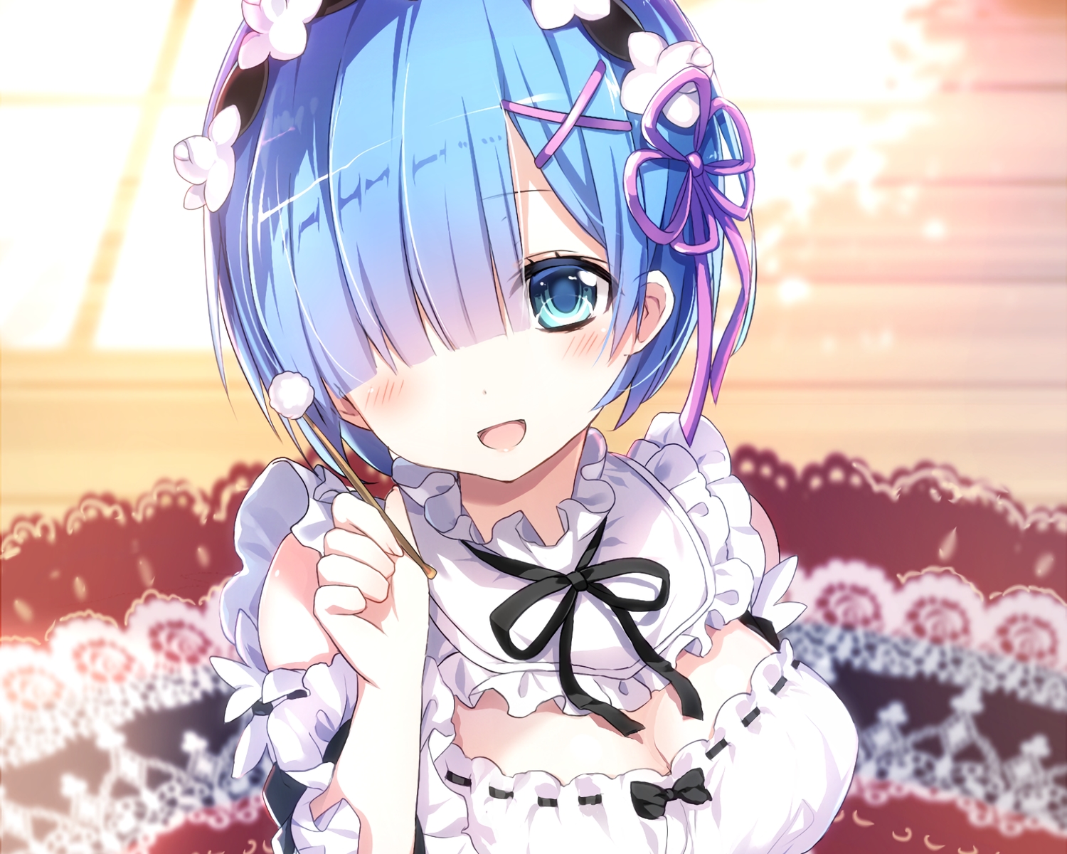 aqua_eyes, blue_hair, blush, breasts, cropped, emia_(castilla), headdress, long_hair