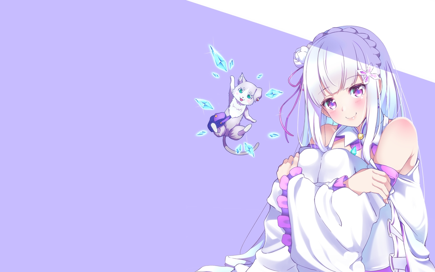 animal, cat, emilia_(re:zero), flowers, long_hair, nanamira_bi, puck, purple, re:zero_kara_hajimeru_isekai_seikatsu, ribbons, white_hair