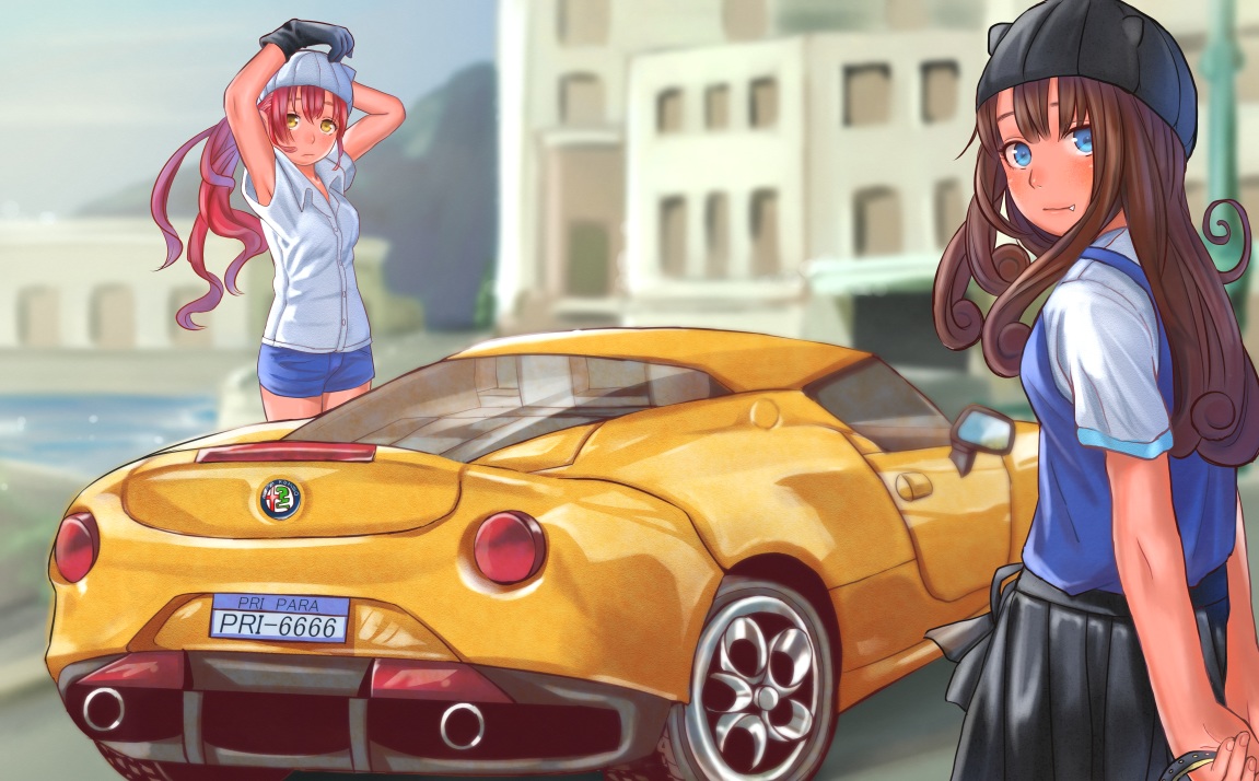 2girls, aqua_eyes, blush, brown_hair, car, fang, gloves, hat
