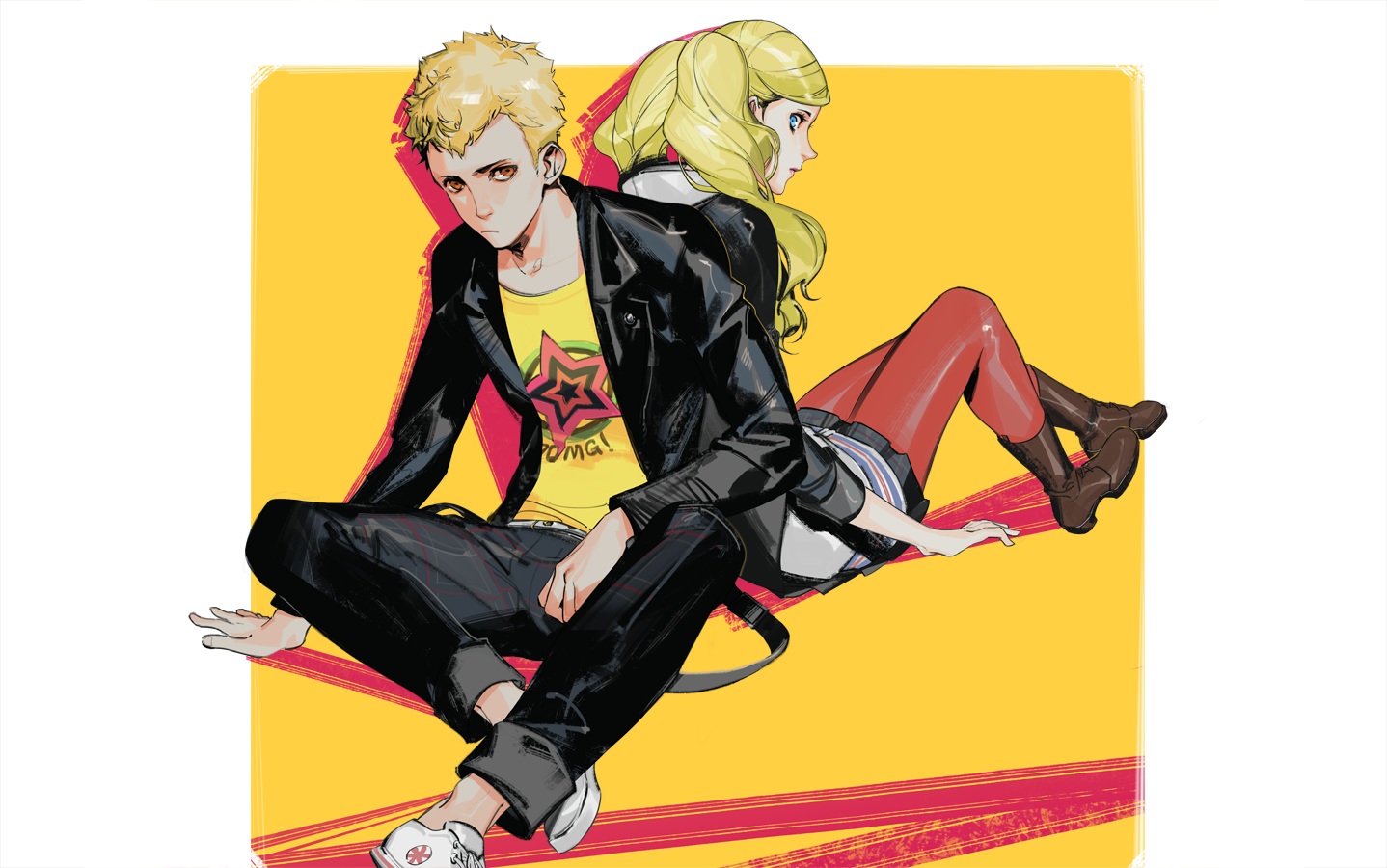 aqua_eyes, blonde_hair, boots, long_hair, male, naked_cat, orange_eyes, persona