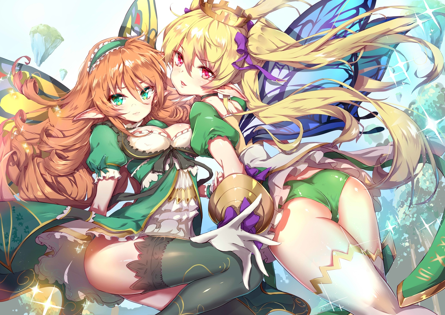 2girls, ass, blonde_hair, breasts, brown_hair, cleavage, crown, dress, fairy, green_eyes, headdress, long_hair, original, panties, pointed_ears, red_eyes, shanyao_jiang_tororo, thighhighs, twintails, underwear, wings