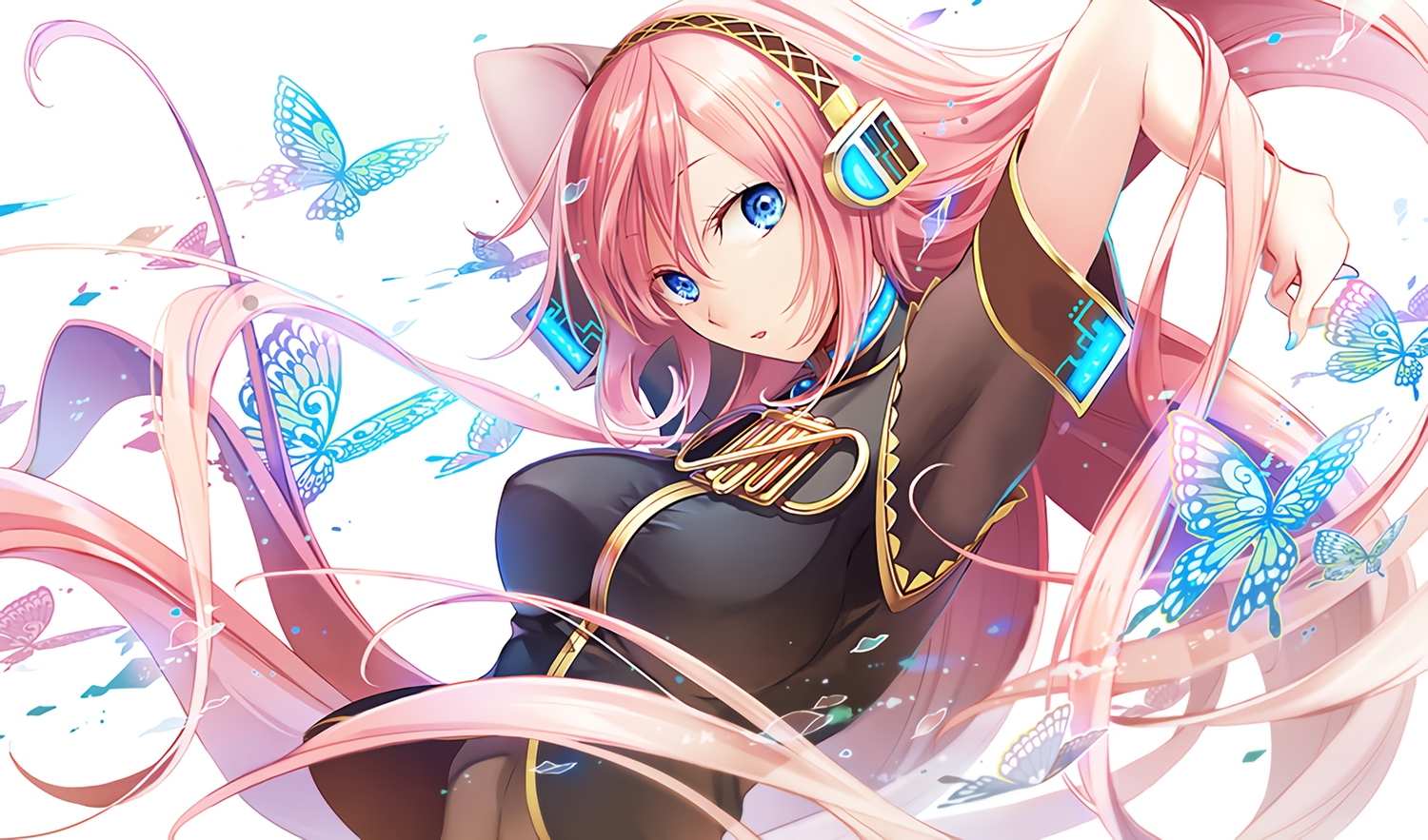blue_eyes, breasts, butterfly, headphones, long_hair, maro_(nikeneko523), megurine_luka, pink_hair