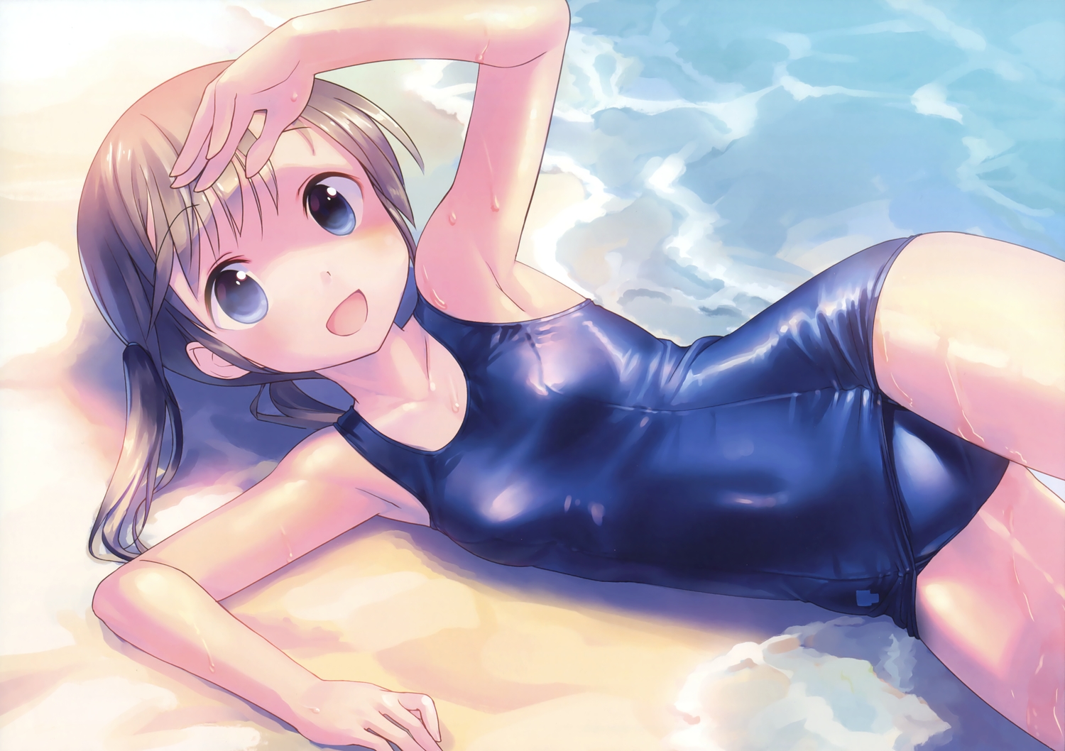 blue_eyes, brown_hair, loli, original, scan, school_swimsuit, short_hair, swimsuit