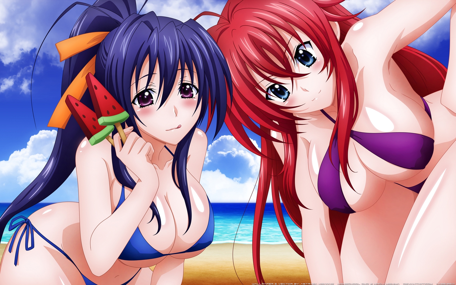 2girls, beach, bikini, black_hair, blue_eyes, breasts, cleavage, clouds, erect_nipples, highschool_dxd, himejima_akeno, long_hair, navel, purple_eyes, red_hair, rias_gremory, swimsuit, underboob, vector, water, watermark