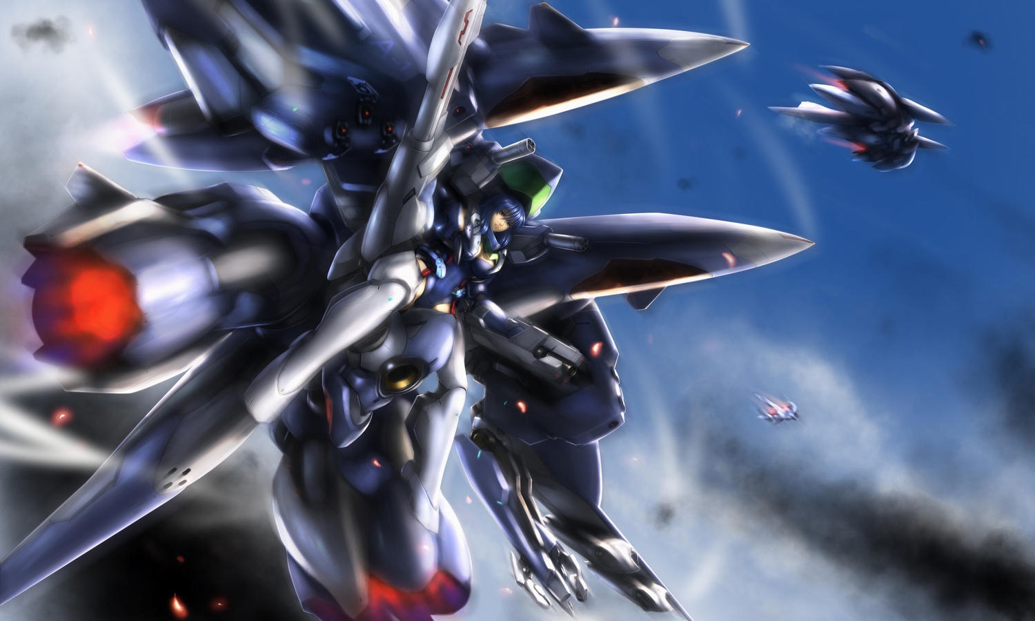 blue_hair, gundam_x3, mecha, mechagirl, robot, short_hair, sky