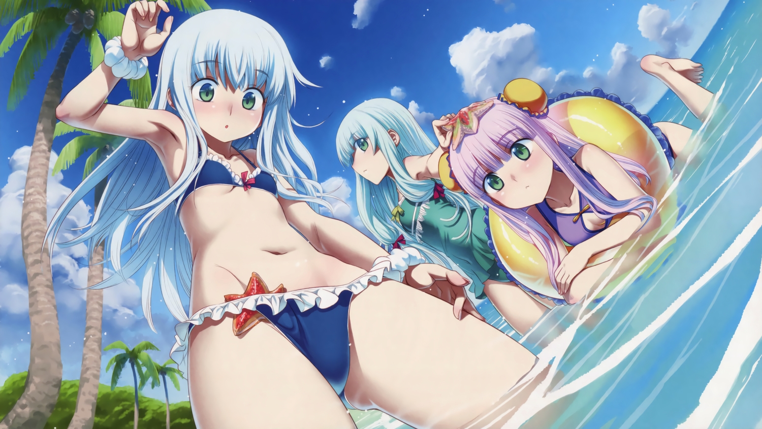 anthropomorphism, aoki_hagane_no_arpeggio, aqua_hair, bikini, blue_hair, breasts, cleavage, clouds