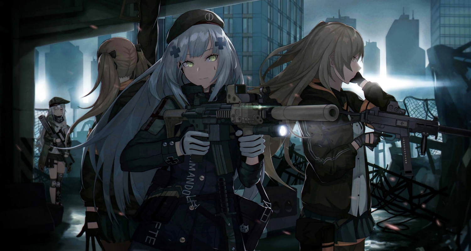 anthropomorphism, cero_(last2stage), g11_(girls_frontline), girls_frontline, group, gun, hk416_(girls_frontline), ump-45_(girls_frontline), ump-9_(girls_frontline), weapon