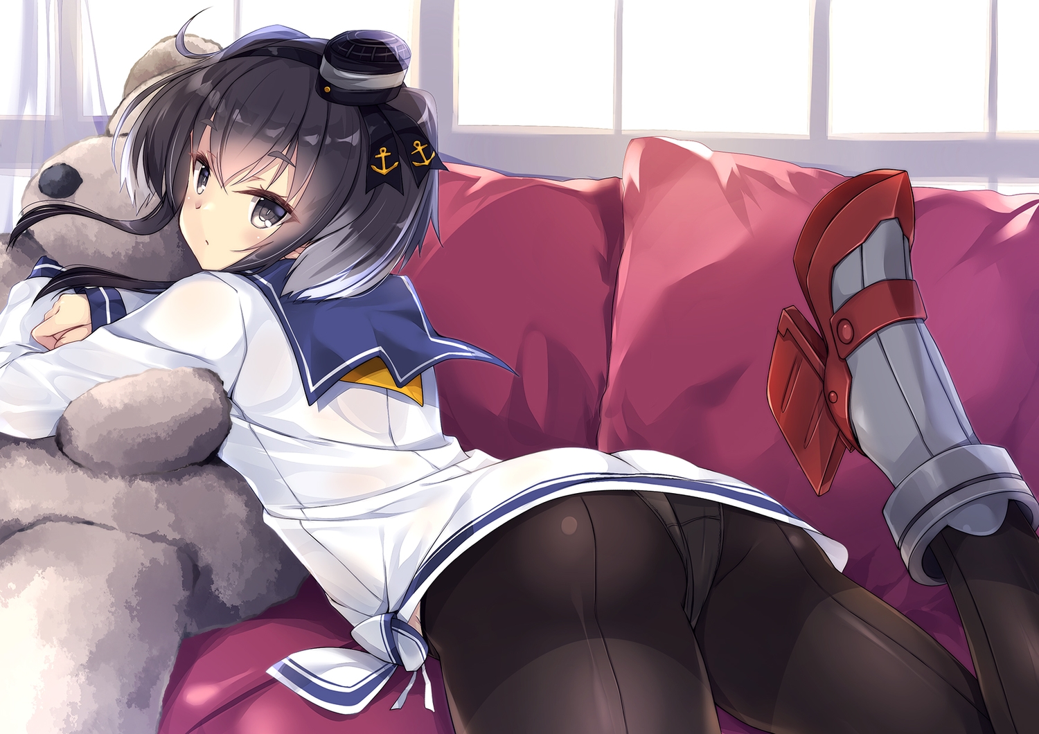 anthropomorphism, ass, black_hair, boots, couch, gray_eyes, headdress, kantai_collection, kobayashi_chisato, panties, pantyhose, school_uniform, short_hair, teddy_bear, tokitsukaze_(kancolle), underwear