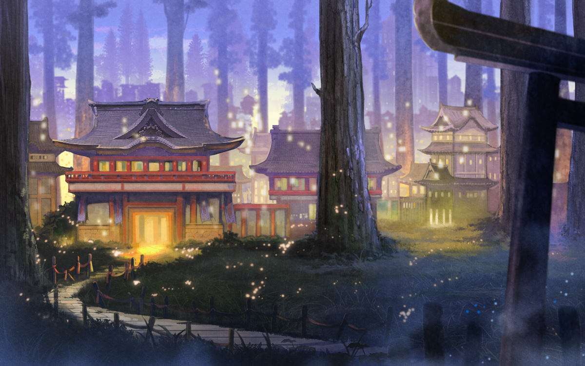 building, city, miso_katsu, no_humans, original, scenic, torii, tree