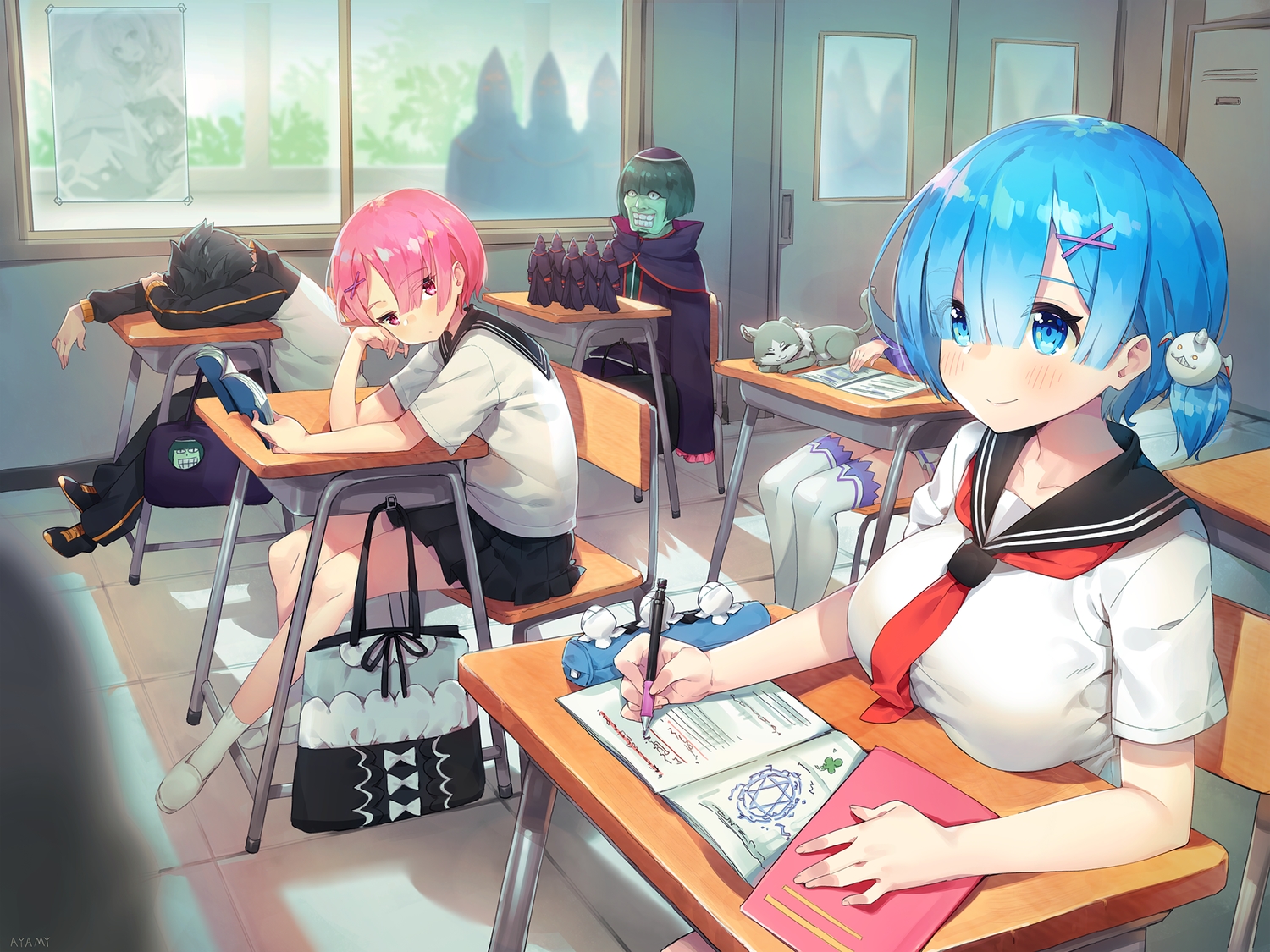 animal, aqua_eyes, aqua_hair, ayamy, betelgeuse_romanee-conti, black_hair, book, breasts