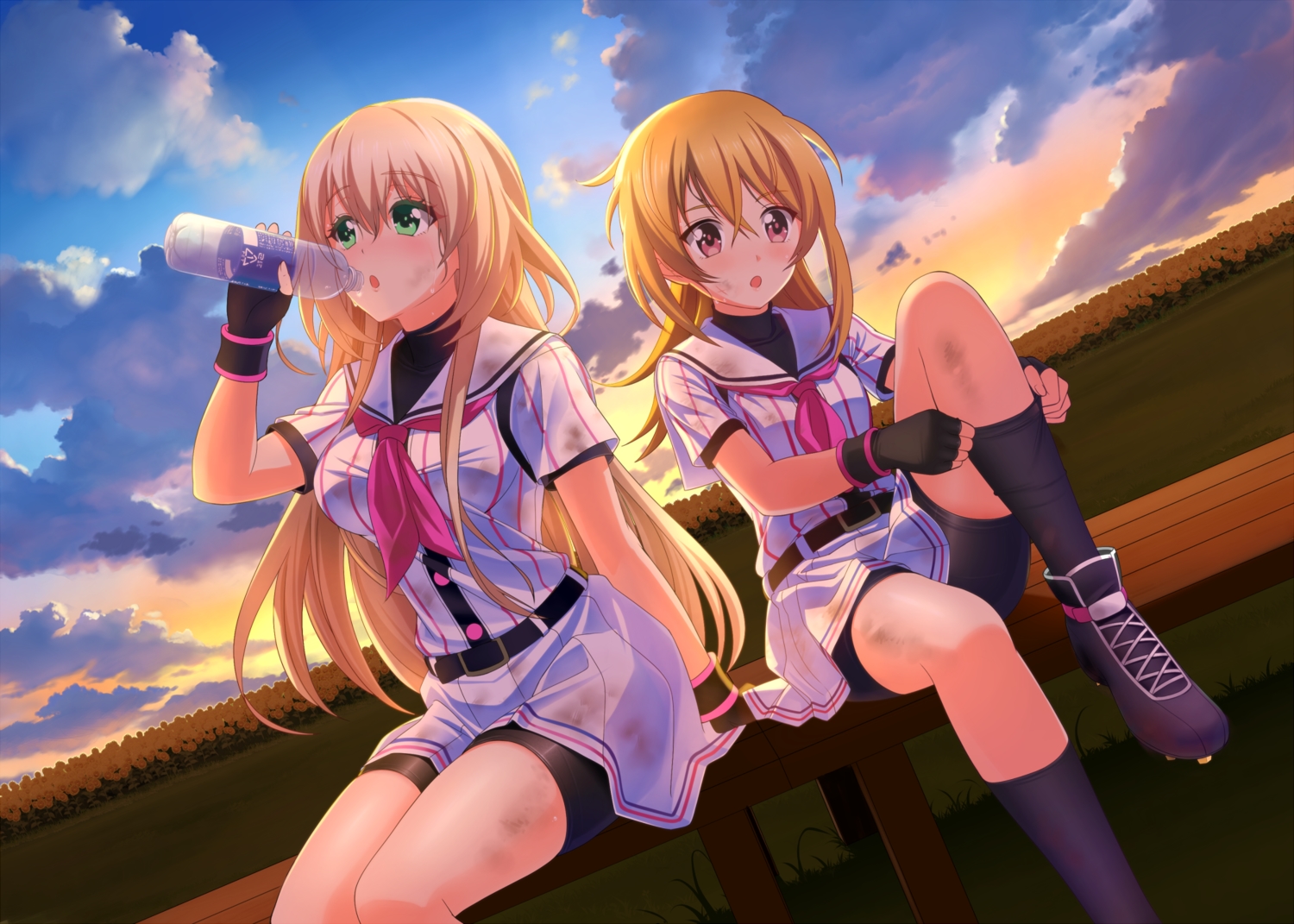 2girls, bike_shorts, blonde_hair, clouds, drink, gloves, green_eyes, hachigatsu_no_cinderella_nine