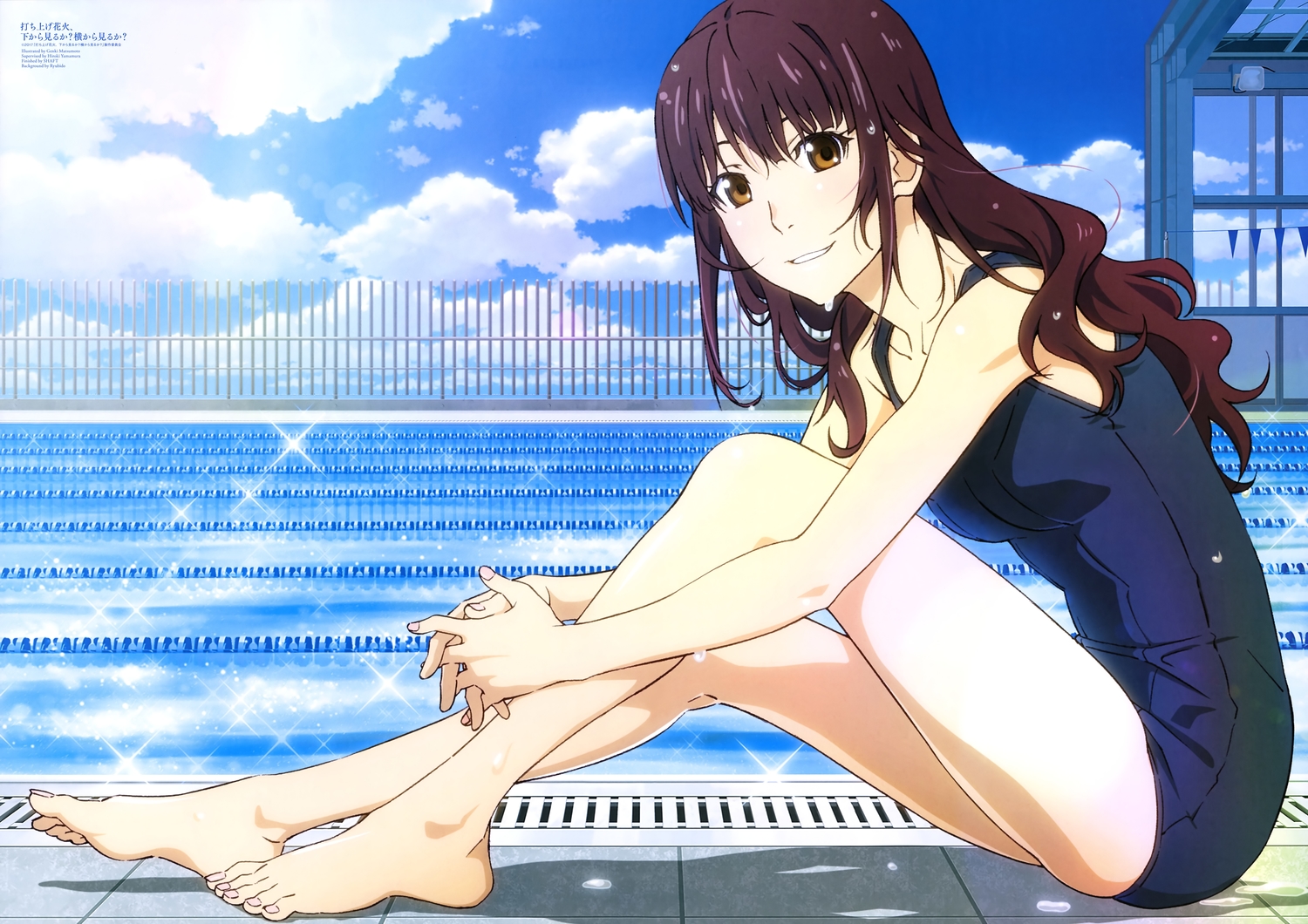 barefoot, brown_eyes, brown_hair, clouds, long_hair, matsumoto_genki, oikawa_nazuna, pool, scan, school_swimsuit, sky, swimsuit, uchiage_hanabi_shita_kara_miru_ka?_yoko_kara_miru_ka?, water, watermark