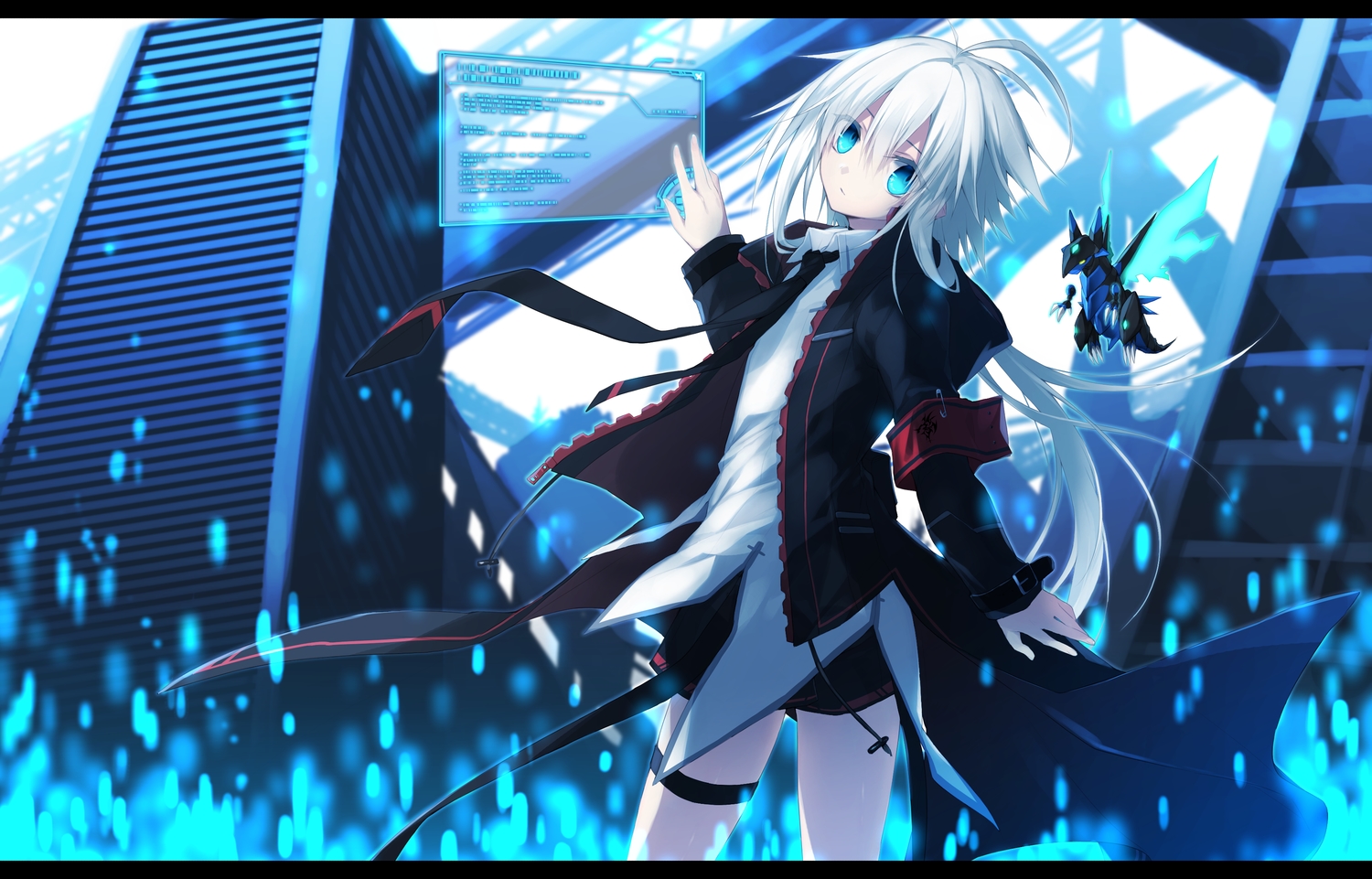 aqua_eyes, computer, dragon, garter, hood, long_hair, original, robot