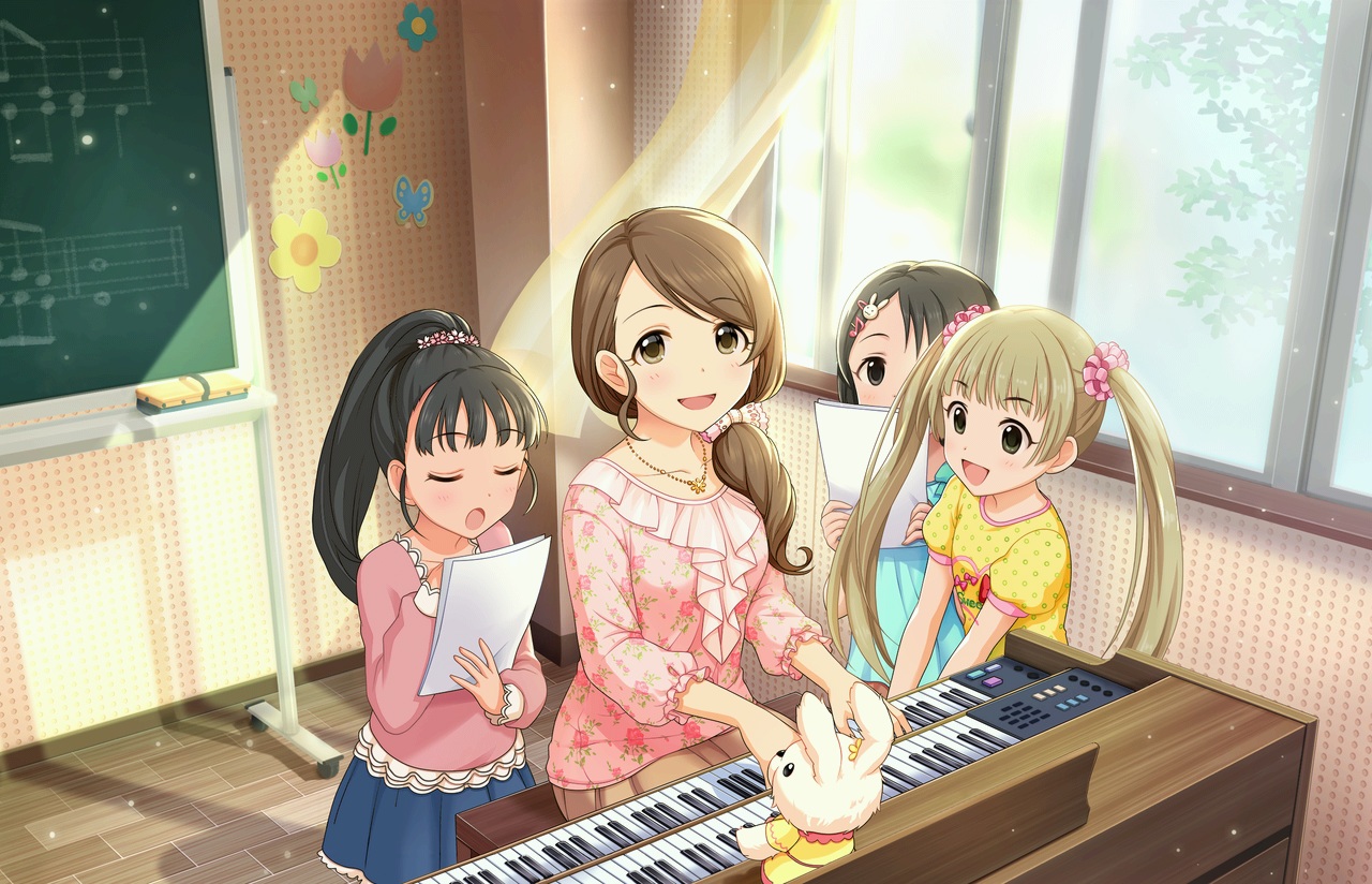 annin_doufu, black_hair, brown_eyes, dress, fukuyama_mai, group, idolmaster, idolmaster_cinderella_girls, idolmaster_cinderella_girls_starlight_stage, instrument, loli, long_hair, mochida_arisa, music, necklace, paper, piano, ponytail, sasaki_chie, skirt, twintails, yokoyama_chika