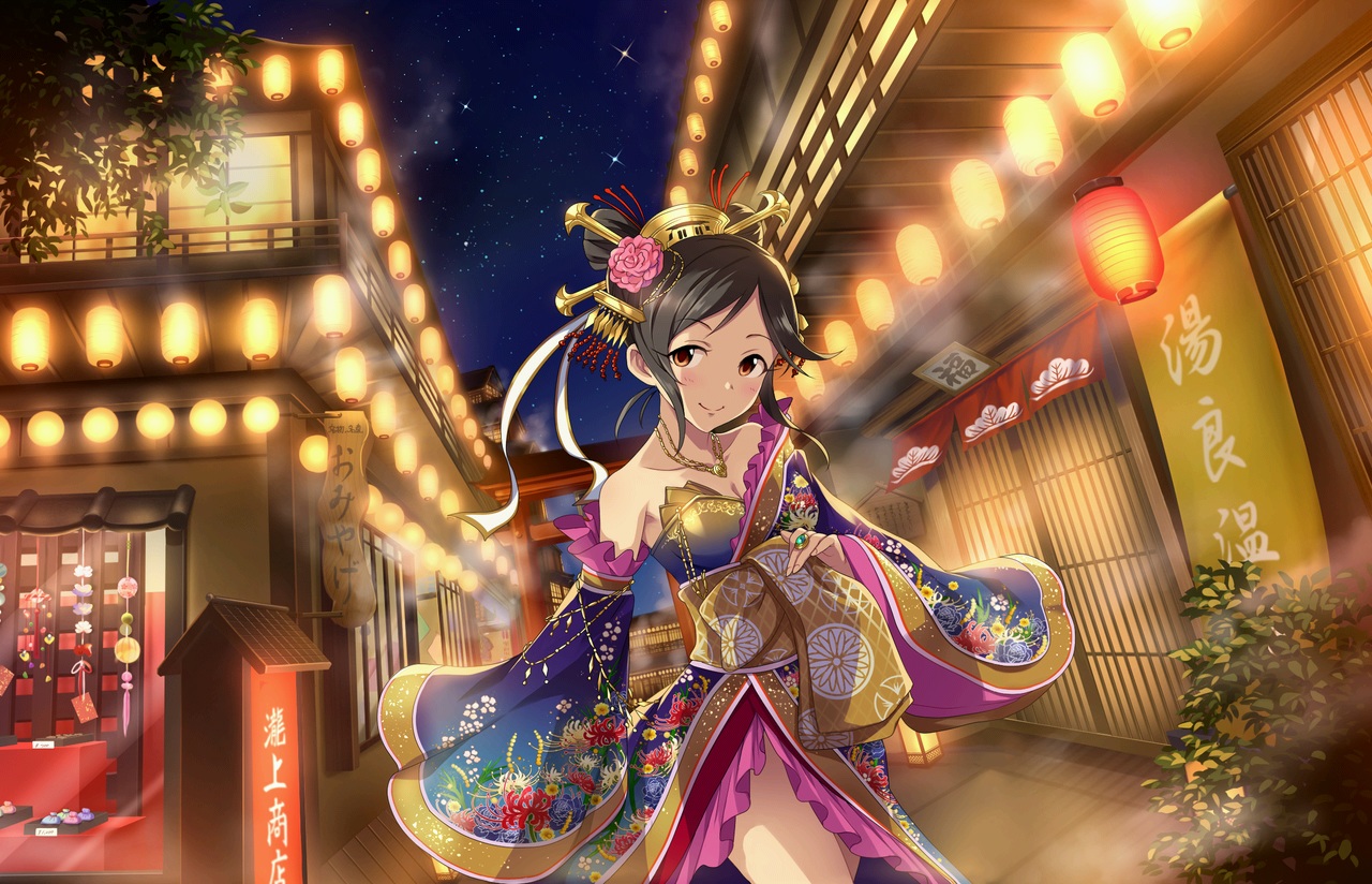 annin_doufu, black_hair, breasts, brown_eyes, building, city, cleavage, headdress