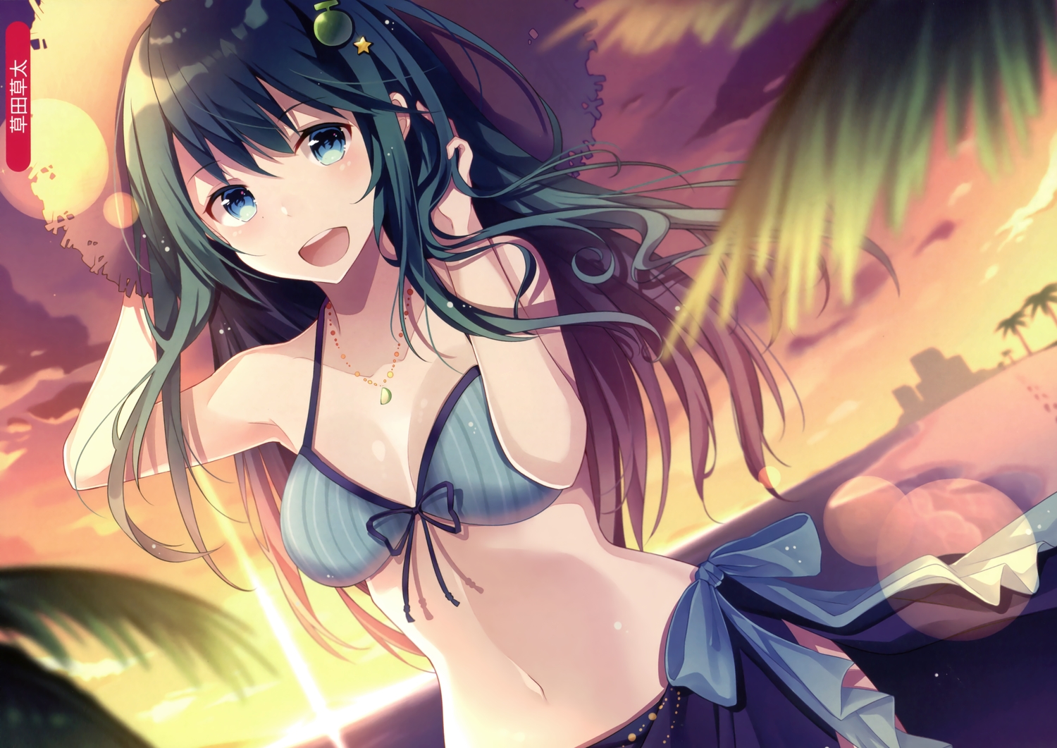 bikini, blue_eyes, bow, breasts, clouds, green_hair, hat, kusada_souta