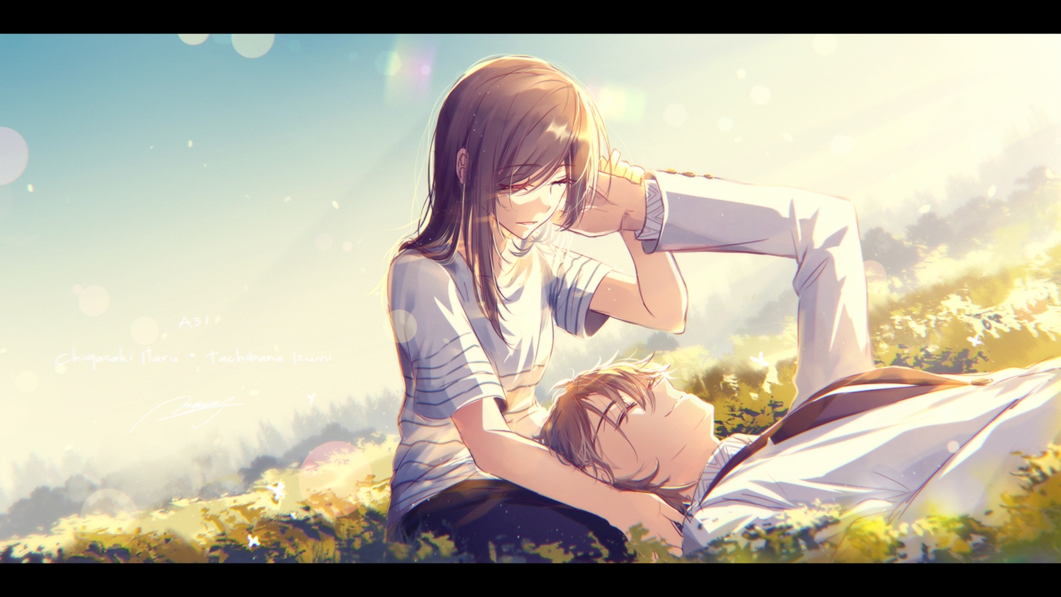 act!_addict!_actors!, brown_hair, chigasaki_itaru, long_hair, male, mokoppe, short_hair, signed, suit, tachibana_izumi, tie