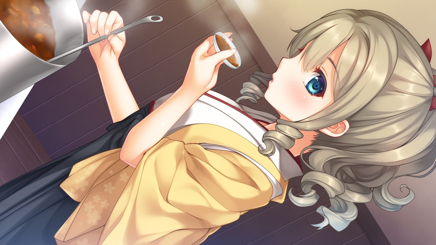 anthropomorphism, aqua_eyes, blush, brown_hair, food, hatakaze_(kancolle), imachireki, japanese_clothes