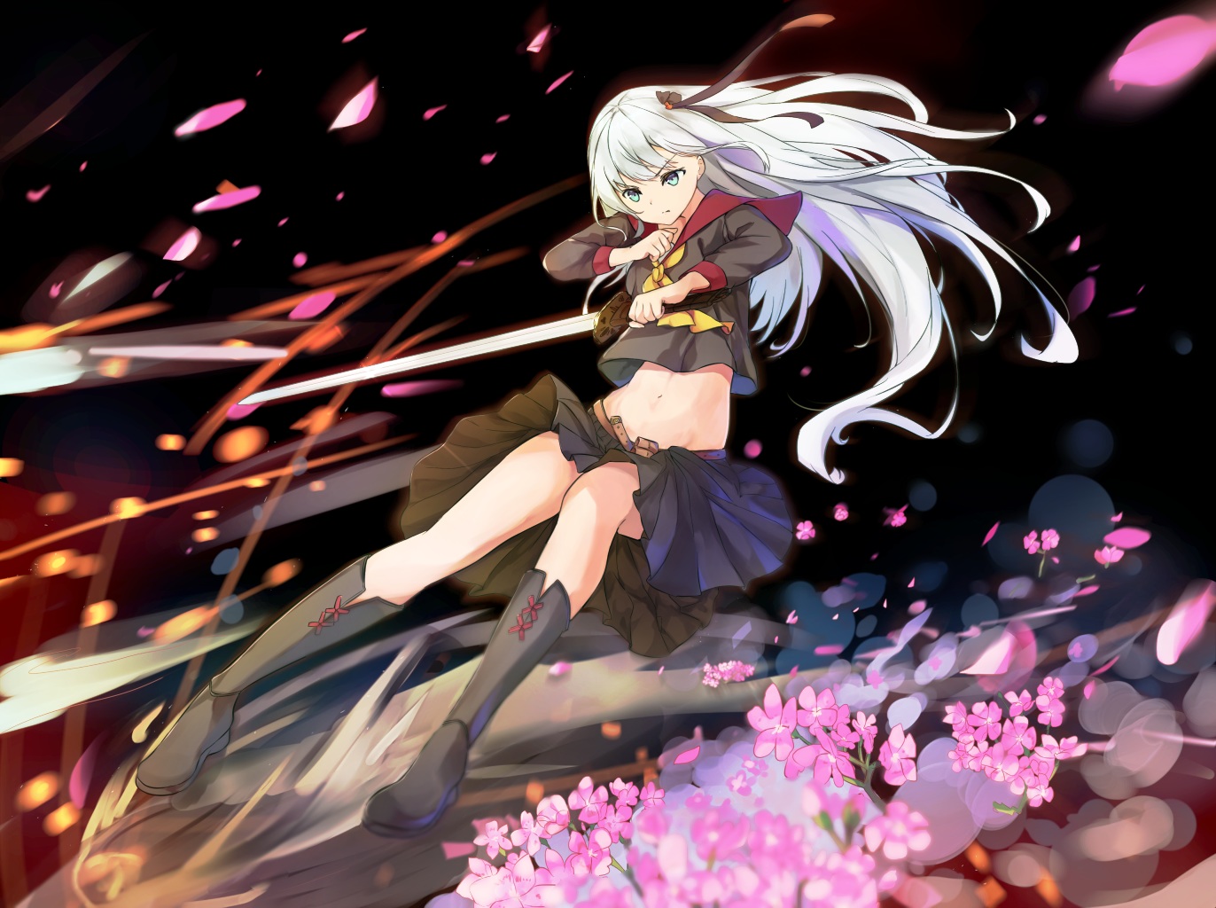 aliasing, aqua_eyes, boots, flowers, kneehighs, long_hair, mosta_(lo1777789), navel