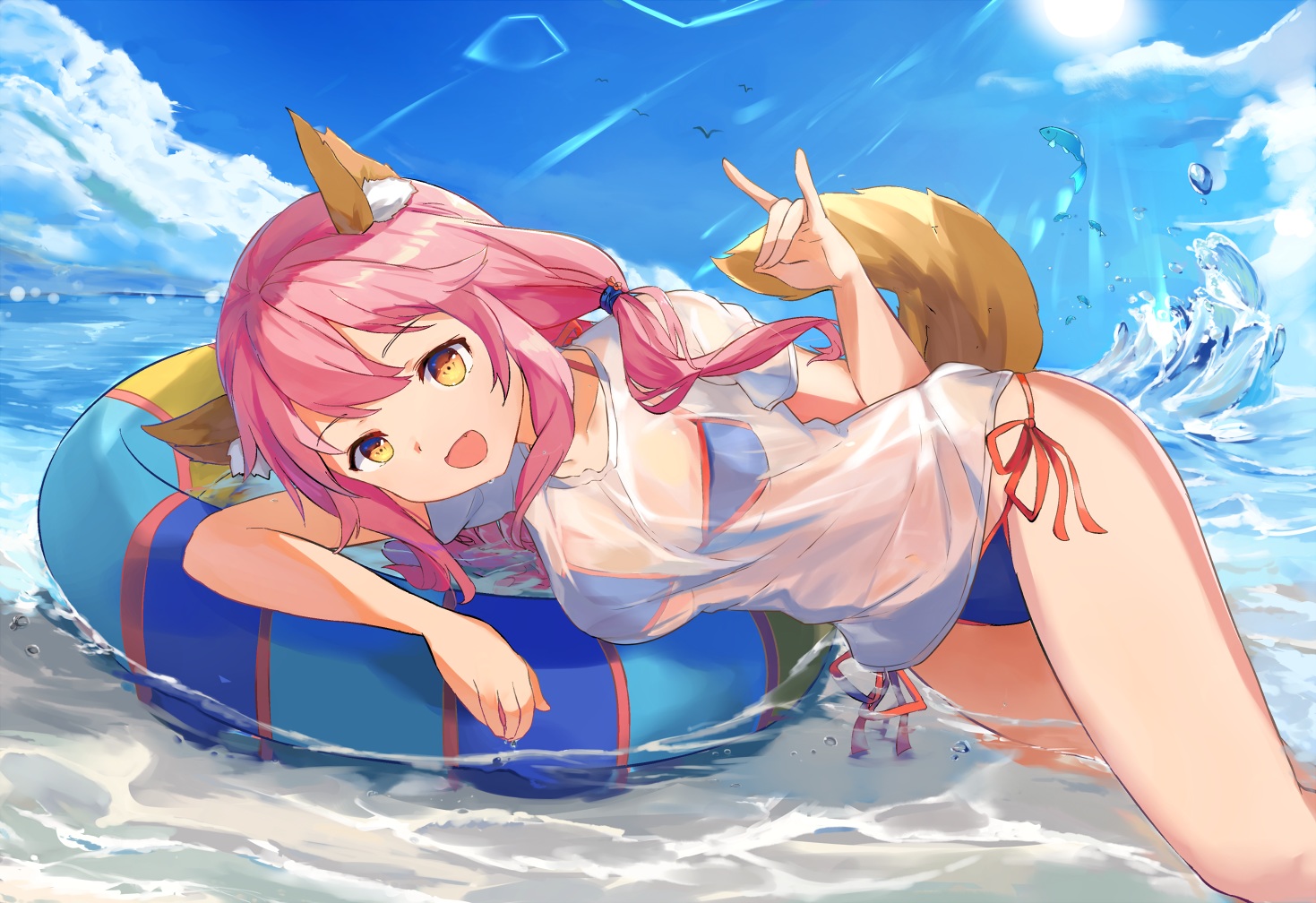 aliasing, animal, animal_ears, beach, bikini, clouds, fate/grand_order, fate_(series)