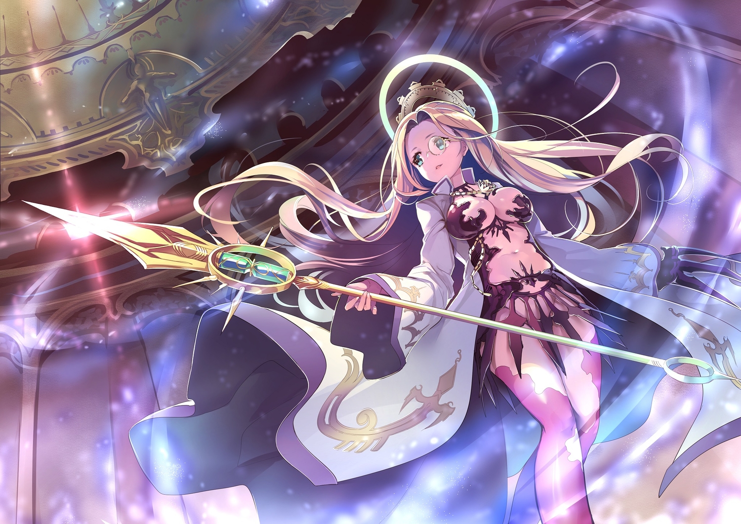 blonde_hair, blue_hair, breasts, cape, cleavage, glasses, long_hair, mg_kurino
