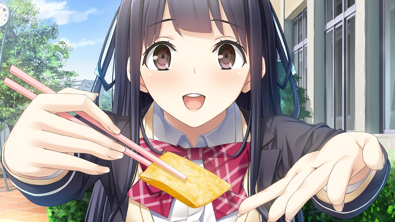 black_hair, bow, brown_eyes, building, close, food, game_cg, hitsuji_takako