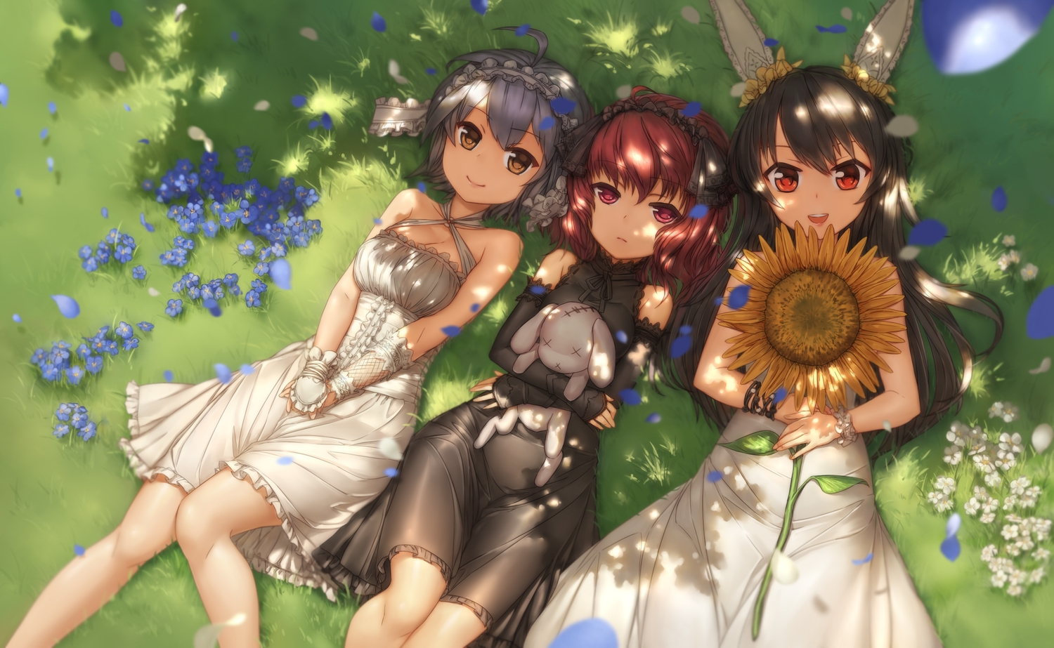 animal_ears, black_hair, brown_eyes, dress, elbow_gloves, flowers, gloves, grass